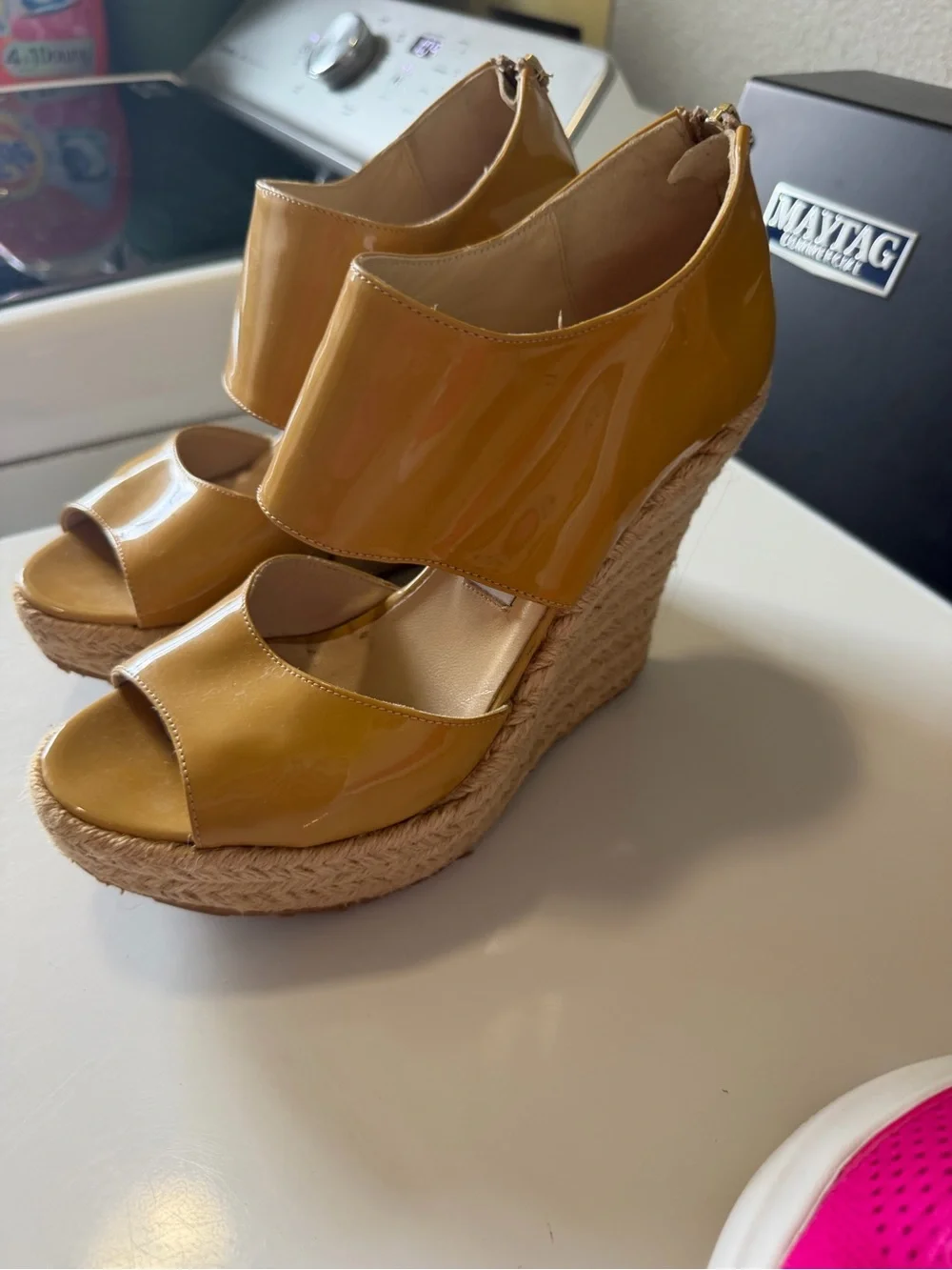Jimmy Choo Patent Leather Espadrille Wedge Sandals Mustard Gold EU 39 US 9